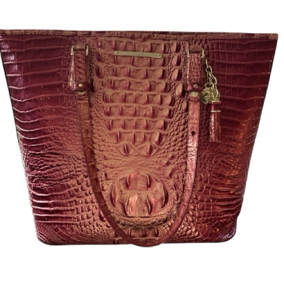 BRAHMIN medium Asher tote croc embossed leather pink and red handles zip top
